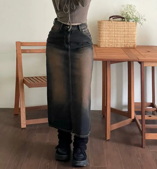 Sio back button pocket team denim long skirt 2 size