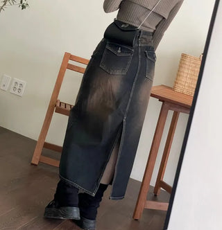 Sio back button pocket team denim long skirt 2 size