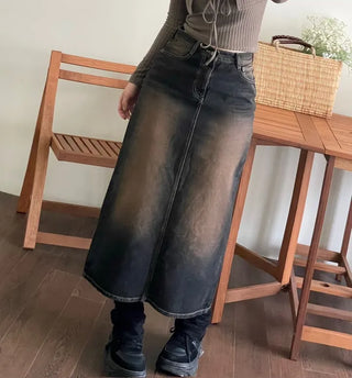 Sio back button pocket team denim long skirt 2 size