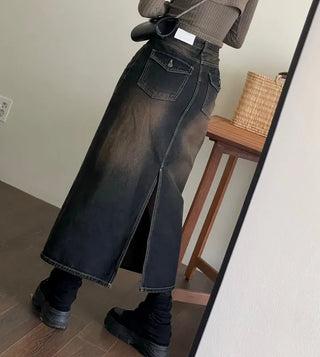 Sio back button pocket team denim long skirt 2 size