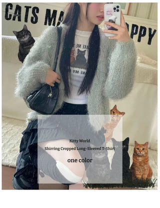 Kitty World side shirring crop long sleeve t-shirt one color
