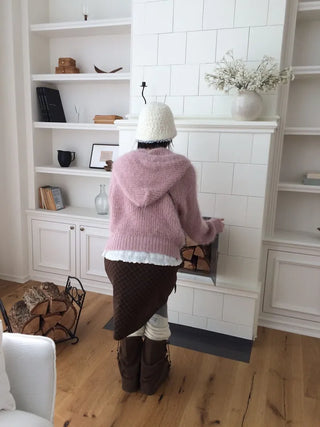 Yuju Avant Loose Hooded Button Pine Needle Knit Cardigan