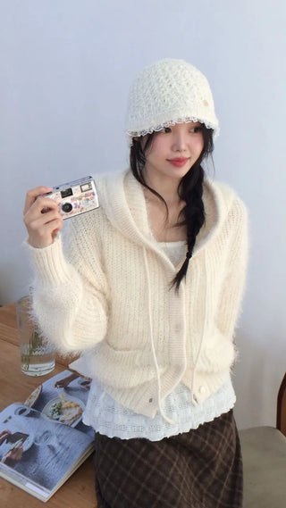 Yuju Avant Loose Hooded Button Pine Needle Knit Cardigan