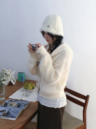 Yuju Avant Loose Hooded Button Pine Needle Knit Cardigan