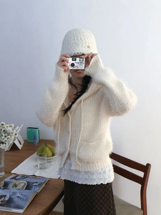 Yuju Avant Loose Hooded Button Pine Needle Knit Cardigan