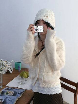 Yuju Avant Loose Hooded Button Pine Needle Knit Cardigan