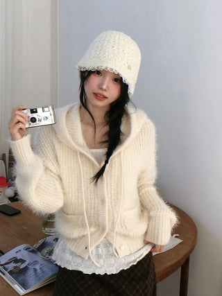 Yuju Avant Loose Hooded Button Pine Needle Knit Cardigan