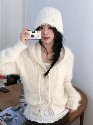 Yuju Avant Loose Hooded Button Pine Needle Knit Cardigan