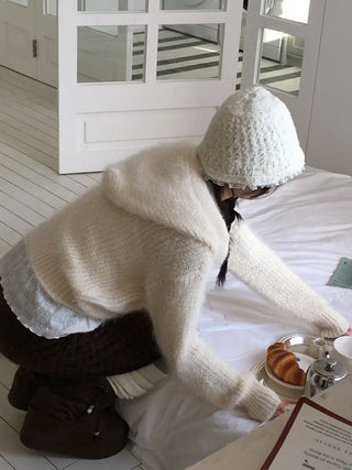 Yuju Avant Loose Hooded Button Pine Needle Knit Cardigan