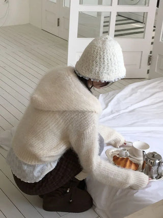 Yuju Avant Loose Hooded Button Pine Needle Knit Cardigan