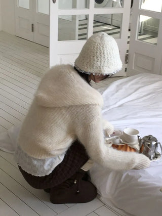 Yuju Avant Loose Hooded Button Pine Needle Knit Cardigan