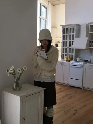 Yuju Avant Loose Hooded Button Pine Needle Knit Cardigan