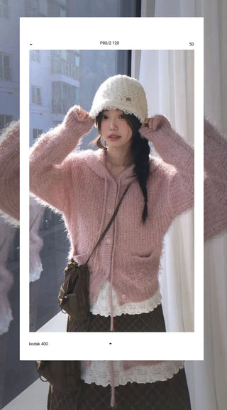 Yuju Avant Loose Hooded Button Pine Needle Knit Cardigan