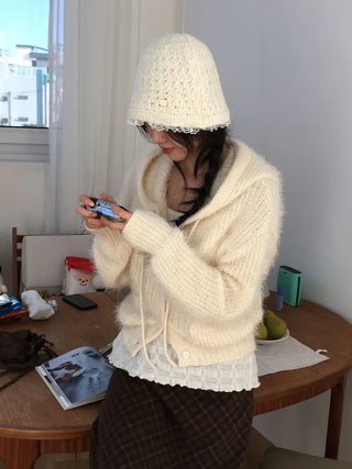 Yuju Avant Loose Hooded Button Pine Needle Knit Cardigan