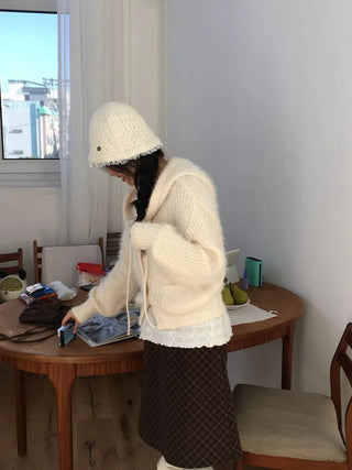 Yuju Avant Loose Hooded Button Pine Needle Knit Cardigan