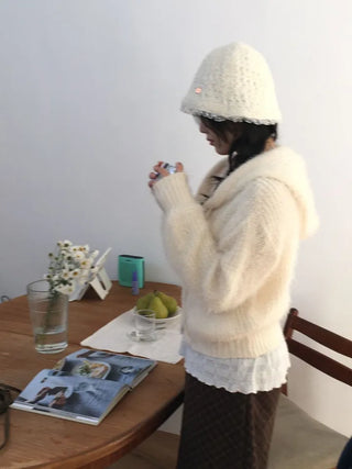 Yuju Avant Loose Hooded Button Pine Needle Knit Cardigan