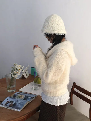 Yuju Avant Loose Hooded Button Pine Needle Knit Cardigan