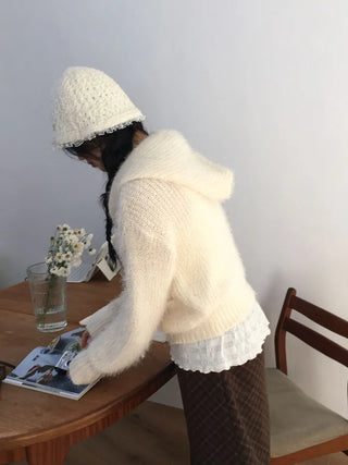 Yuju Avant Loose Hooded Button Pine Needle Knit Cardigan