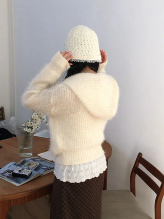 Yuju Avant Loose Hooded Button Pine Needle Knit Cardigan