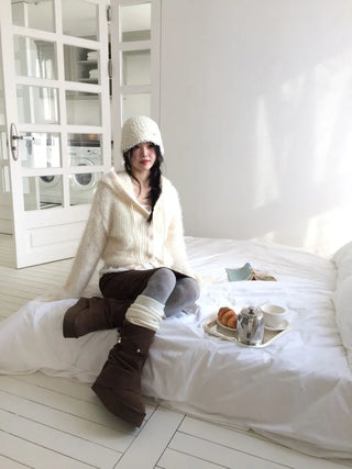 Yuju Avant Loose Hooded Button Pine Needle Knit Cardigan