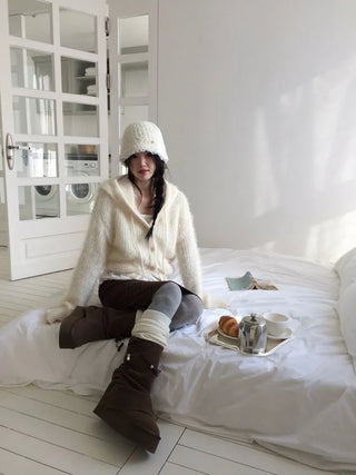 Yuju Avant Loose Hooded Button Pine Needle Knit Cardigan