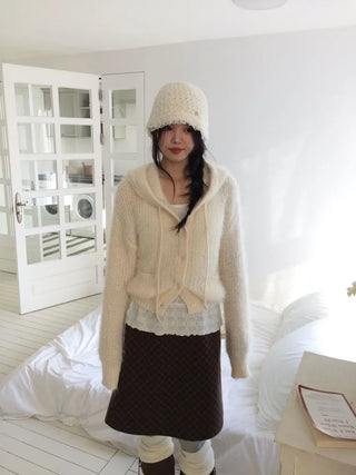 Yuju Avant Loose Hooded Button Pine Needle Knit Cardigan