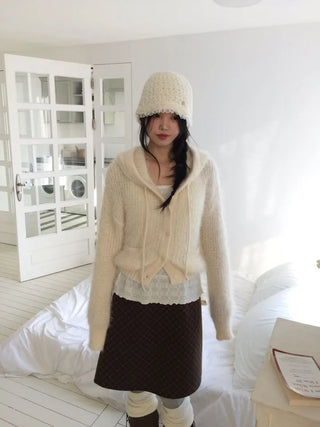 Yuju Avant Loose Hooded Button Pine Needle Knit Cardigan