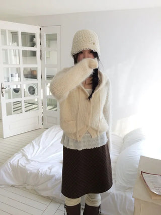 Yuju Avant Loose Hooded Button Pine Needle Knit Cardigan