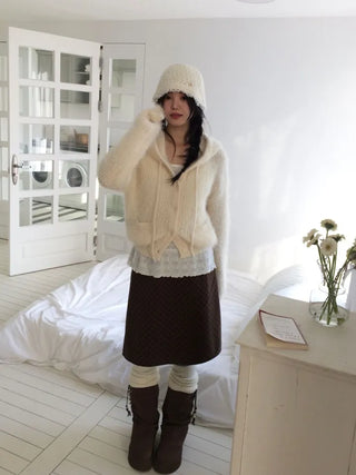 Yuju Avant Loose Hooded Button Pine Needle Knit Cardigan