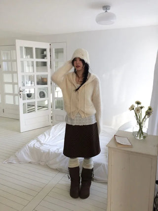 Yuju Avant Loose Hooded Button Pine Needle Knit Cardigan
