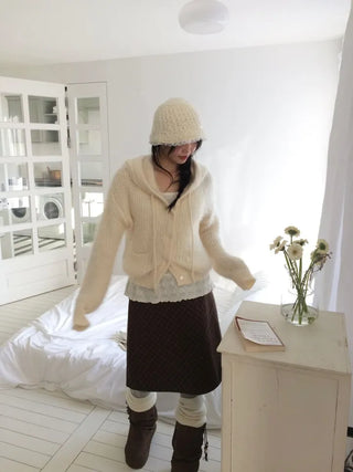 Yuju Avant Loose Hooded Button Pine Needle Knit Cardigan