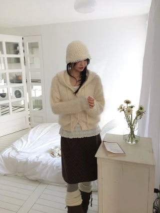 Yuju Avant Loose Hooded Button Pine Needle Knit Cardigan