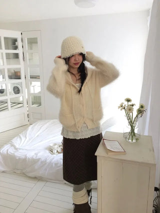 Yuju Avant Loose Hooded Button Pine Needle Knit Cardigan