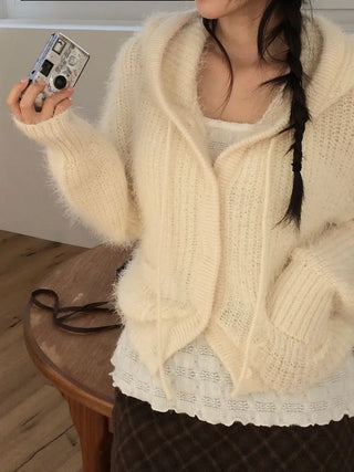 Yuju Avant Loose Hooded Button Pine Needle Knit Cardigan