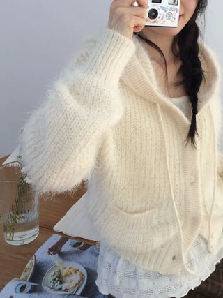 Yuju Avant Loose Hooded Button Pine Needle Knit Cardigan