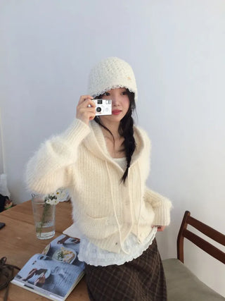 Yuju Avant Loose Hooded Button Pine Needle Knit Cardigan