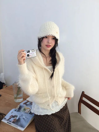 Yuju Avant Loose Hooded Button Pine Needle Knit Cardigan
