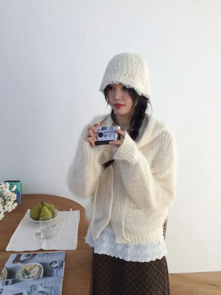 Yuju Avant Loose Hooded Button Pine Needle Knit Cardigan