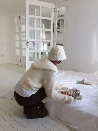 Yuju Avant Loose Hooded Button Pine Needle Knit Cardigan