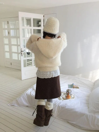 Yuju Avant Loose Hooded Button Pine Needle Knit Cardigan