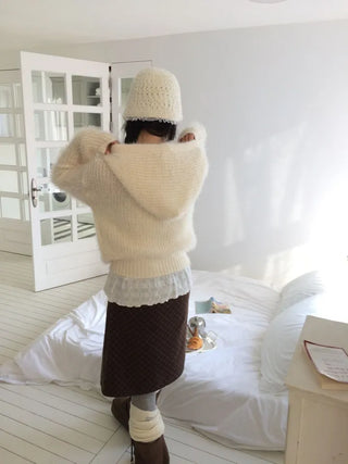 Yuju Avant Loose Hooded Button Pine Needle Knit Cardigan