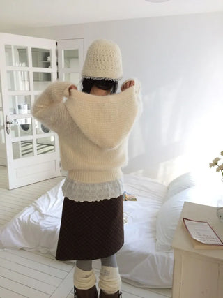 Yuju Avant Loose Hooded Button Pine Needle Knit Cardigan