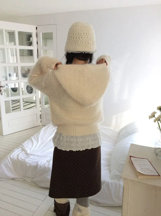 Yuju Avant Loose Hooded Button Pine Needle Knit Cardigan