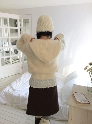 Yuju Avant Loose Hooded Button Pine Needle Knit Cardigan