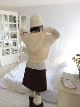 Yuju Avant Loose Hooded Button Pine Needle Knit Cardigan