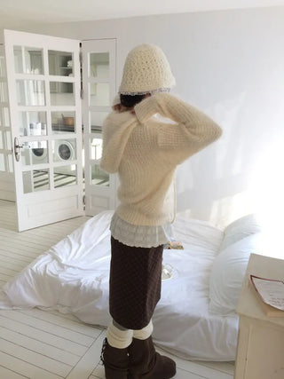 Yuju Avant Loose Hooded Button Pine Needle Knit Cardigan