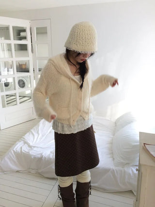 Yuju Avant Loose Hooded Button Pine Needle Knit Cardigan