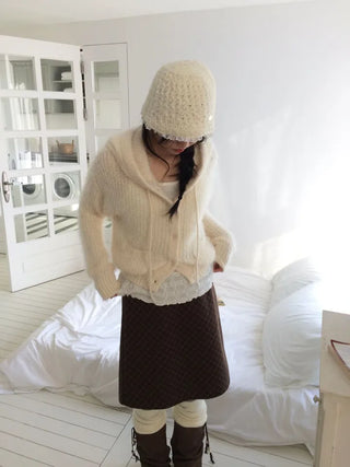Yuju Avant Loose Hooded Button Pine Needle Knit Cardigan