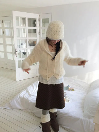 Yuju Avant Loose Hooded Button Pine Needle Knit Cardigan