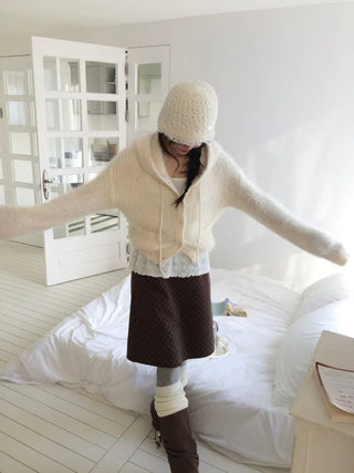 Yuju Avant Loose Hooded Button Pine Needle Knit Cardigan